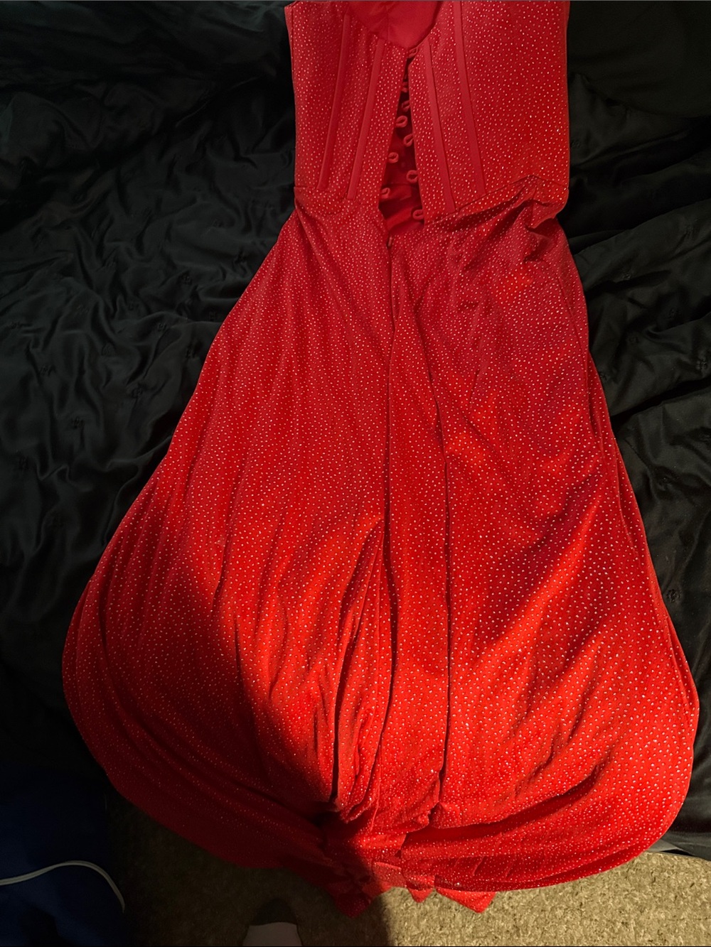 Red Strapless Rhinestone Prom Gown - Picture 3 of 4